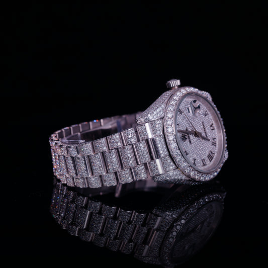 Roman Dial Iced Out Diamond Watch – Day Date Luxury Silver Timepiece