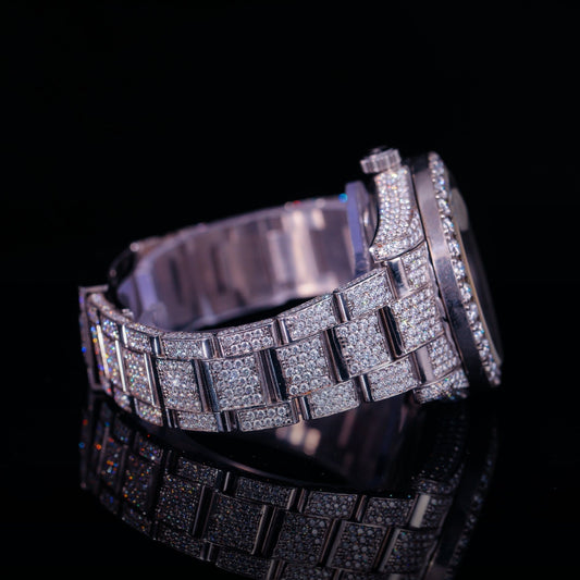Iced Out Silver Diamond Watch with Green Inner Dial Accent