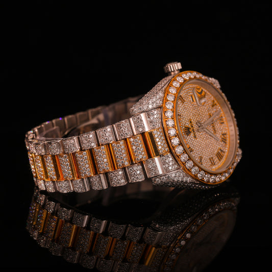 Iced Out Two-Tone Gold & Silver Diamond Watch with Roman Dial