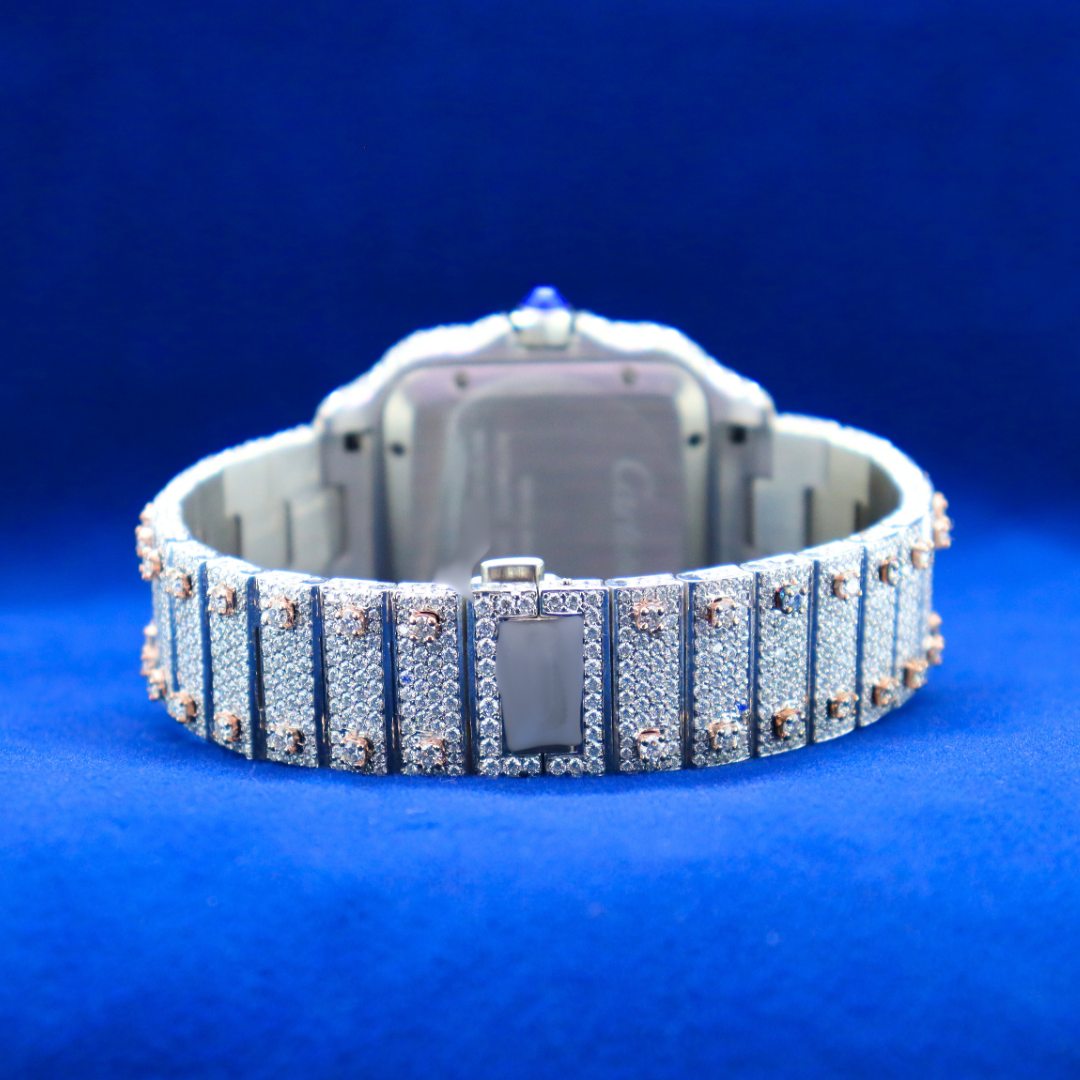 "Back view of 14k/18k Moissanite Arabic Frost Phantom Royale, custom iced silver men's watch, premium moissanite diamond jewelry, buy online USA."