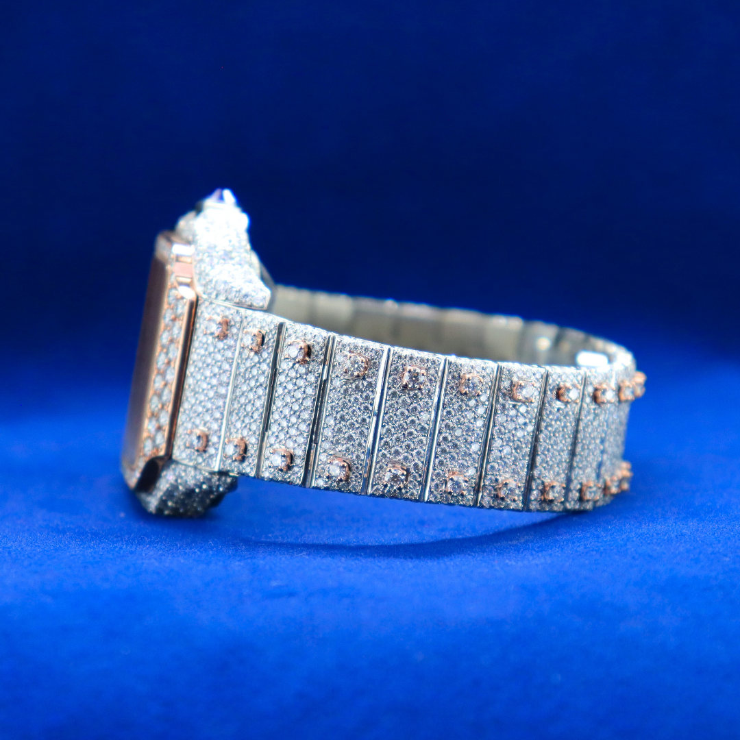 "Left side view of 14k/18k Moissanite Arabic Frost Phantom Royale, half iced out silver luxury watch with moissanite diamonds, men's jewelry style."