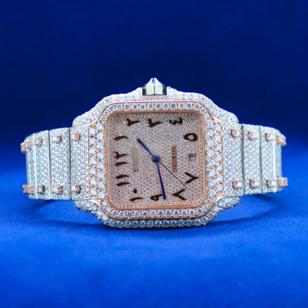 "Front view of 14k/18k Moissanite Cartier inspire Arabic Frost Phantom Royale, luxury men's silver diamond watch, half iced out custom design, buy watch online."