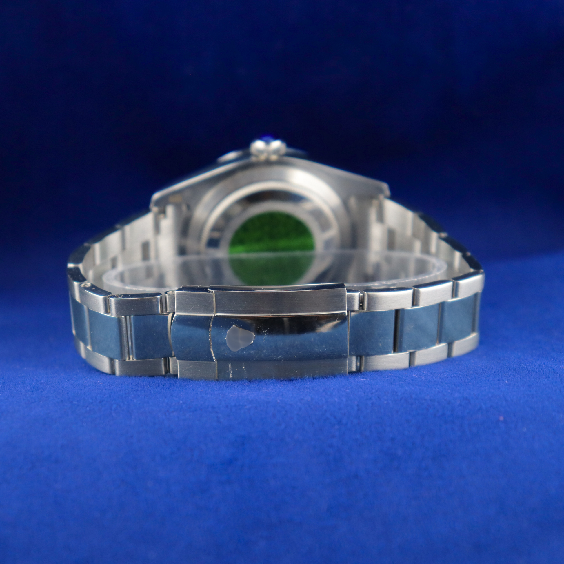 "Back view of 14k/18k silver luxury wristwatch with moissanite diamonds, custom men’s iced out watch, luxury fashion watches."
