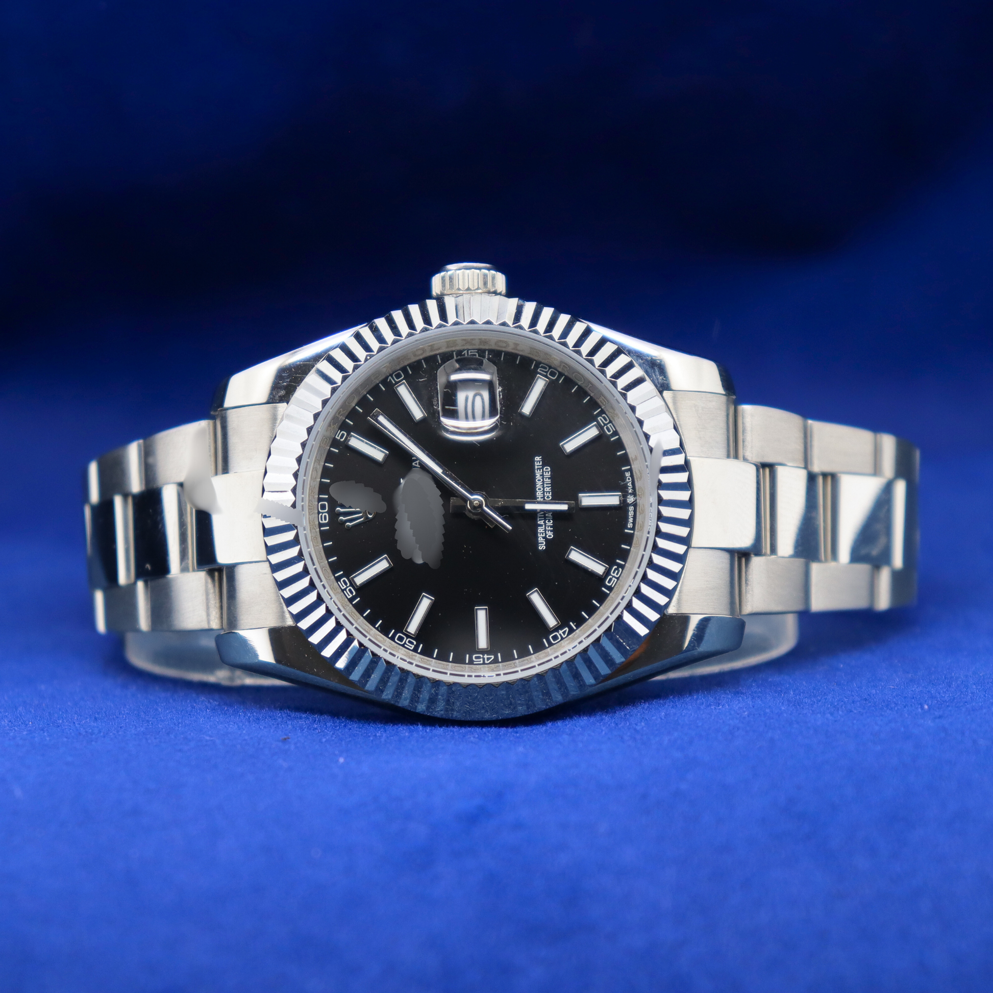 "Front view of 14k/18k silver moissanite luxury wristwatch, half iced out custom watch, men’s diamond watch, buy watch online."