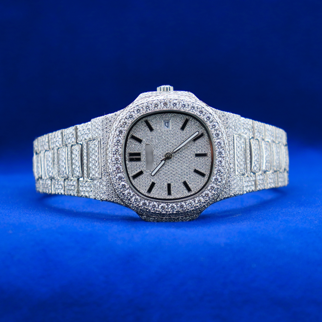 Front view of 14k Moissanite Silver Nautical Frost Phantom half iced out custom watch with shimmering diamond moissanite details