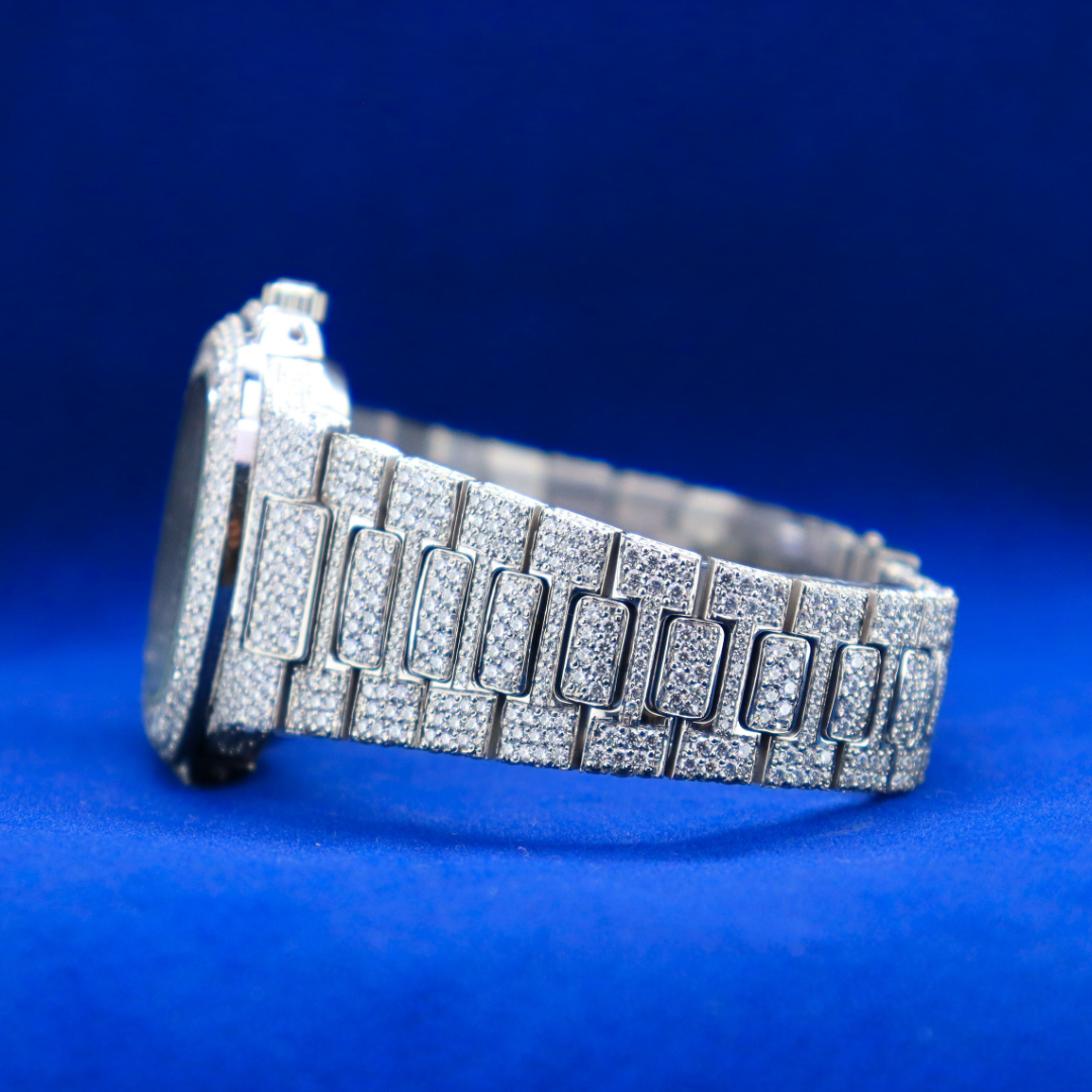 Left side angle of 14k Moissanite Silver Nautical Frost Phantom half iced out custom watch with luxury silver design