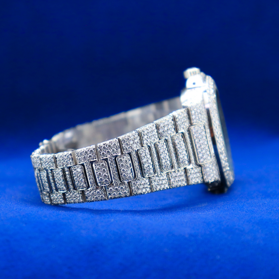 Right side view of 14k Moissanite Silver Nautical Frost Phantom half iced out custom watch showcasing moissanite sparkle