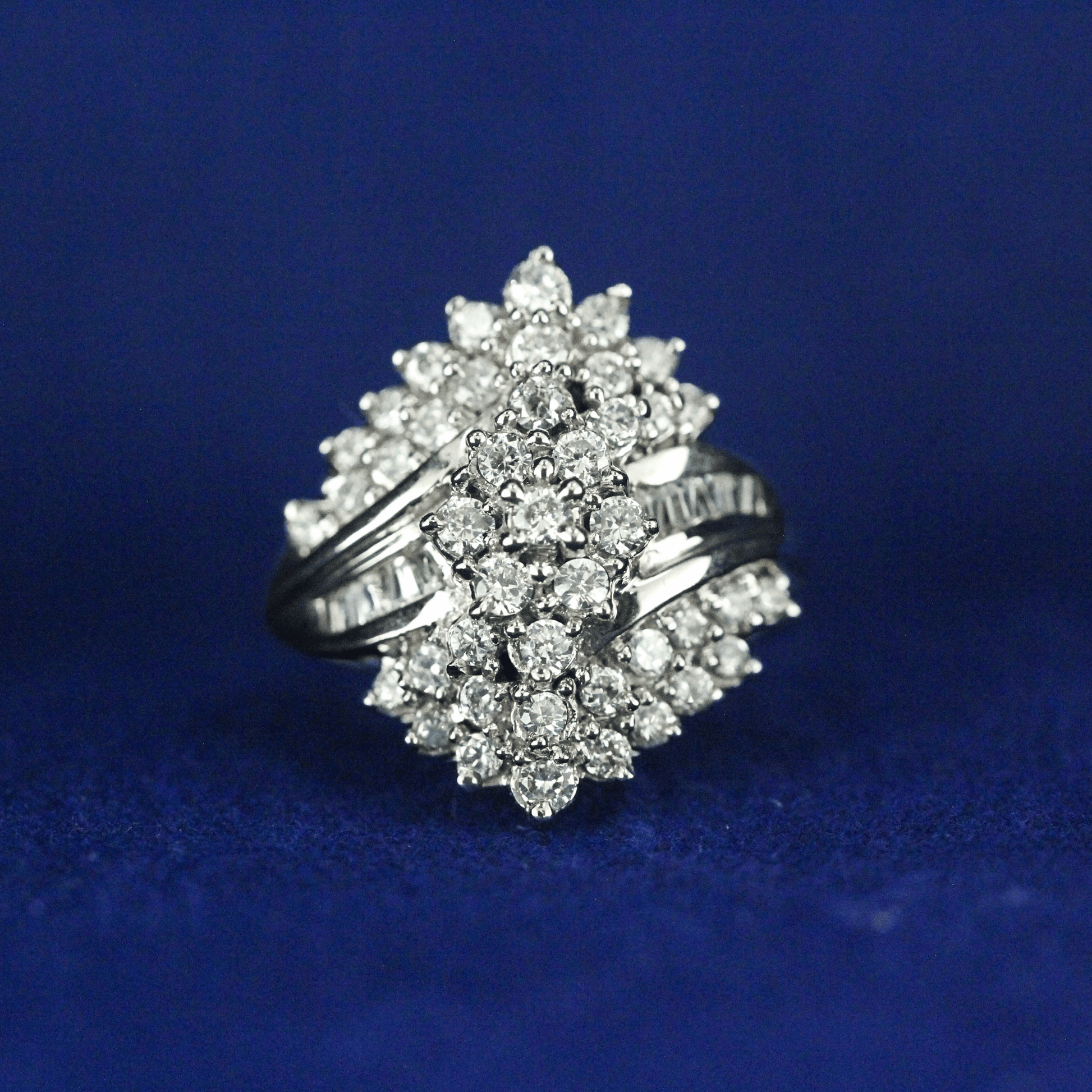 Front view of 1989 Diamond Navette Ring with Moissanite diamonds – Fine jewelry