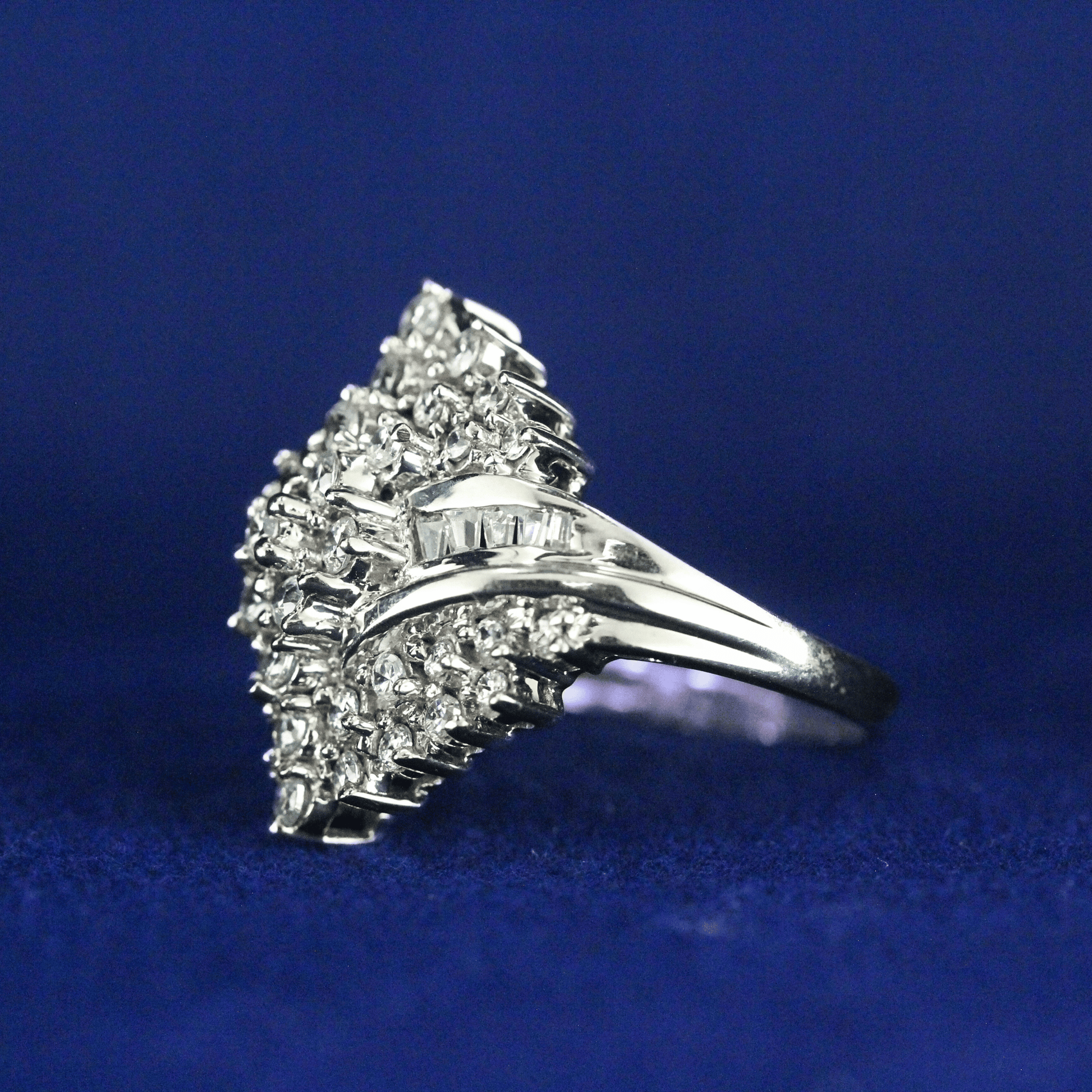 Left side view of 1989 Diamond Navette Ring with Moissanite diamonds – Fine jewelry