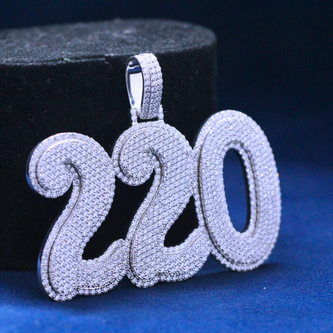 Left-side view of Two-Twenty Luxe Pendant in 925 silver, highlighting its unique shape and fully encrusted Moissanite diamonds for a statement hip-hop jewelry look