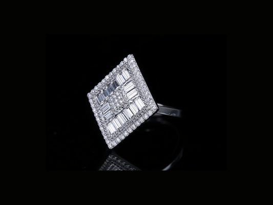 Luxury Baguette Diamond Square Ring | Iced-Out Gold & Silver Statement Ring (18KT, 14KT, 10KT Available)