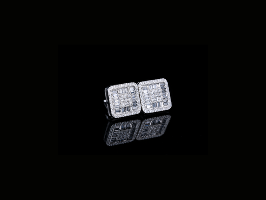 Luxury Square Baguette Diamond Stud Earrings | 18K, 14K, 10K Gold & Silver