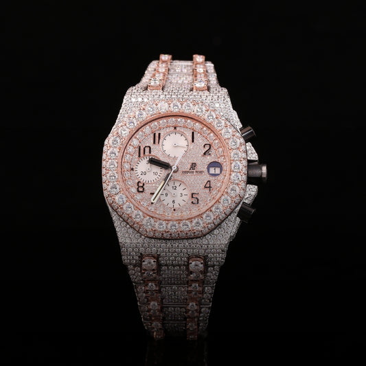 iced out diamond chronograph watch rose gold silver