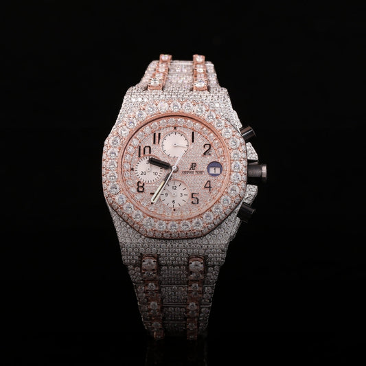 iced out diamond chronograph watch rose gold silver