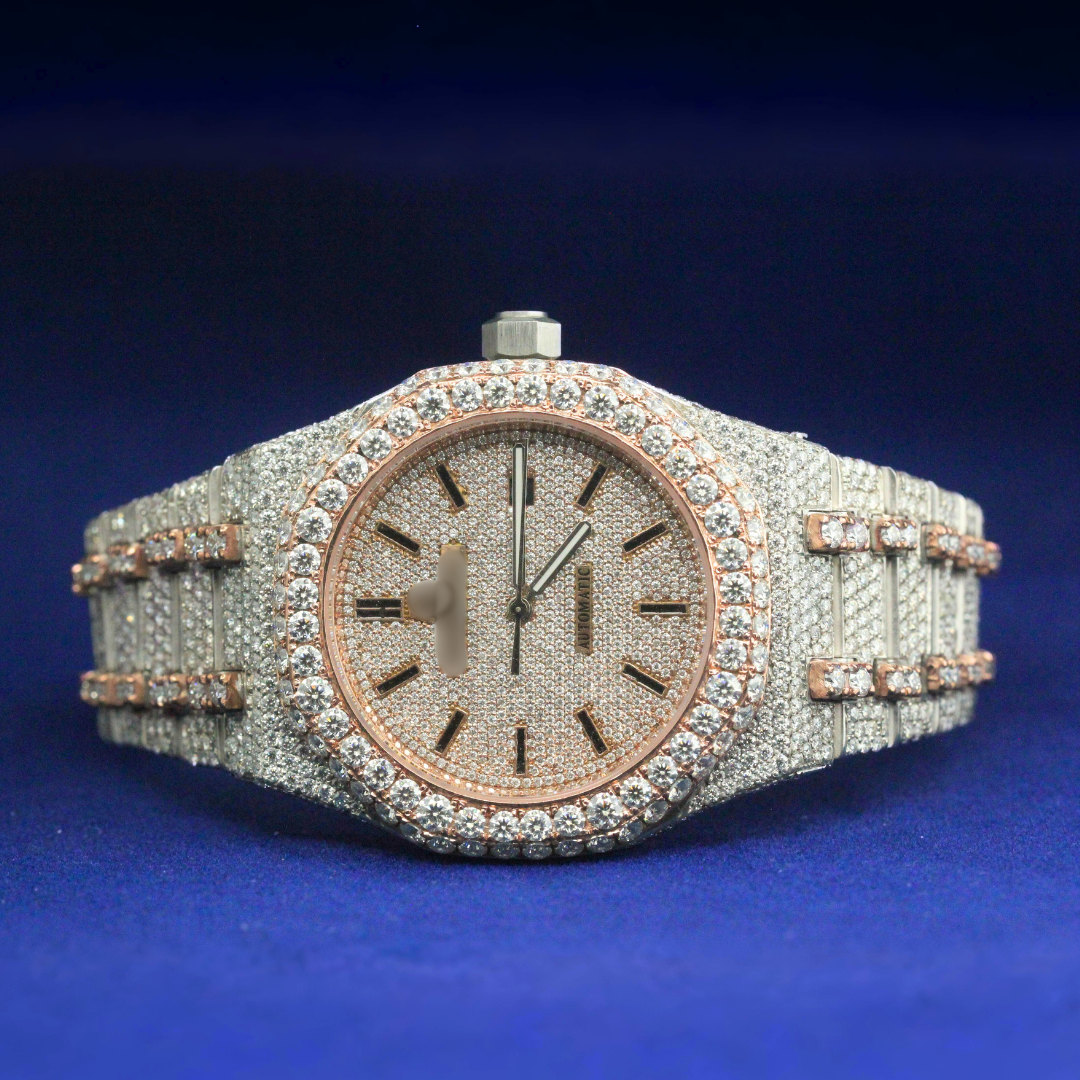 Front view of bust down rose gold watch fully iced with moissanite diamonds, luxury hip hop men’s accessory.