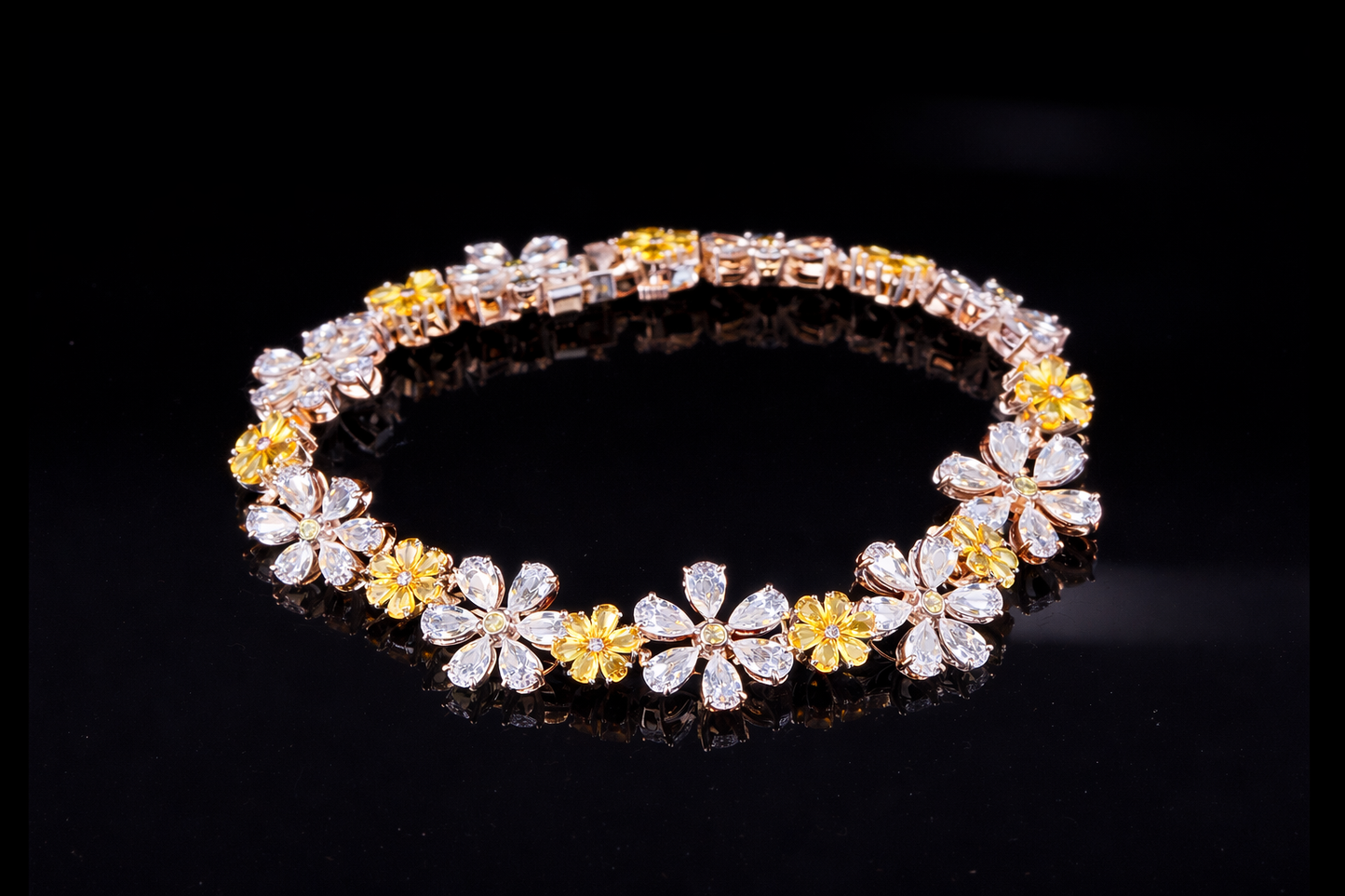 Floral Diamond Tennis Bracelet | White & Yellow Diamond Bracelet in Gold & Silver