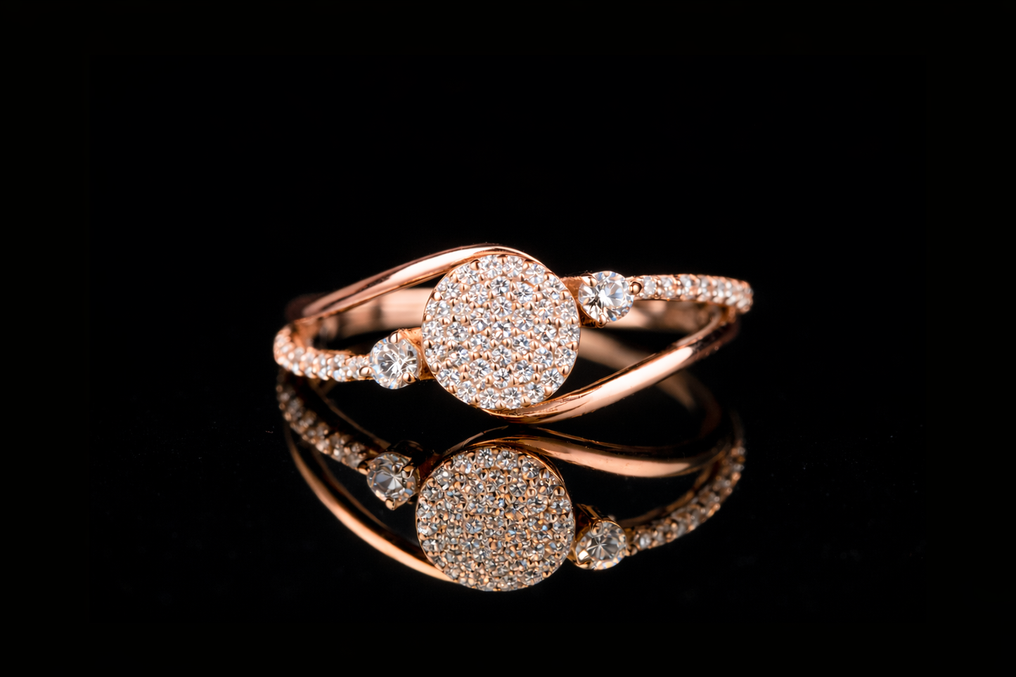Round Pavé Diamond Ring with Side Stones | 18KT, 14KT, 10KT Gold & Silver
