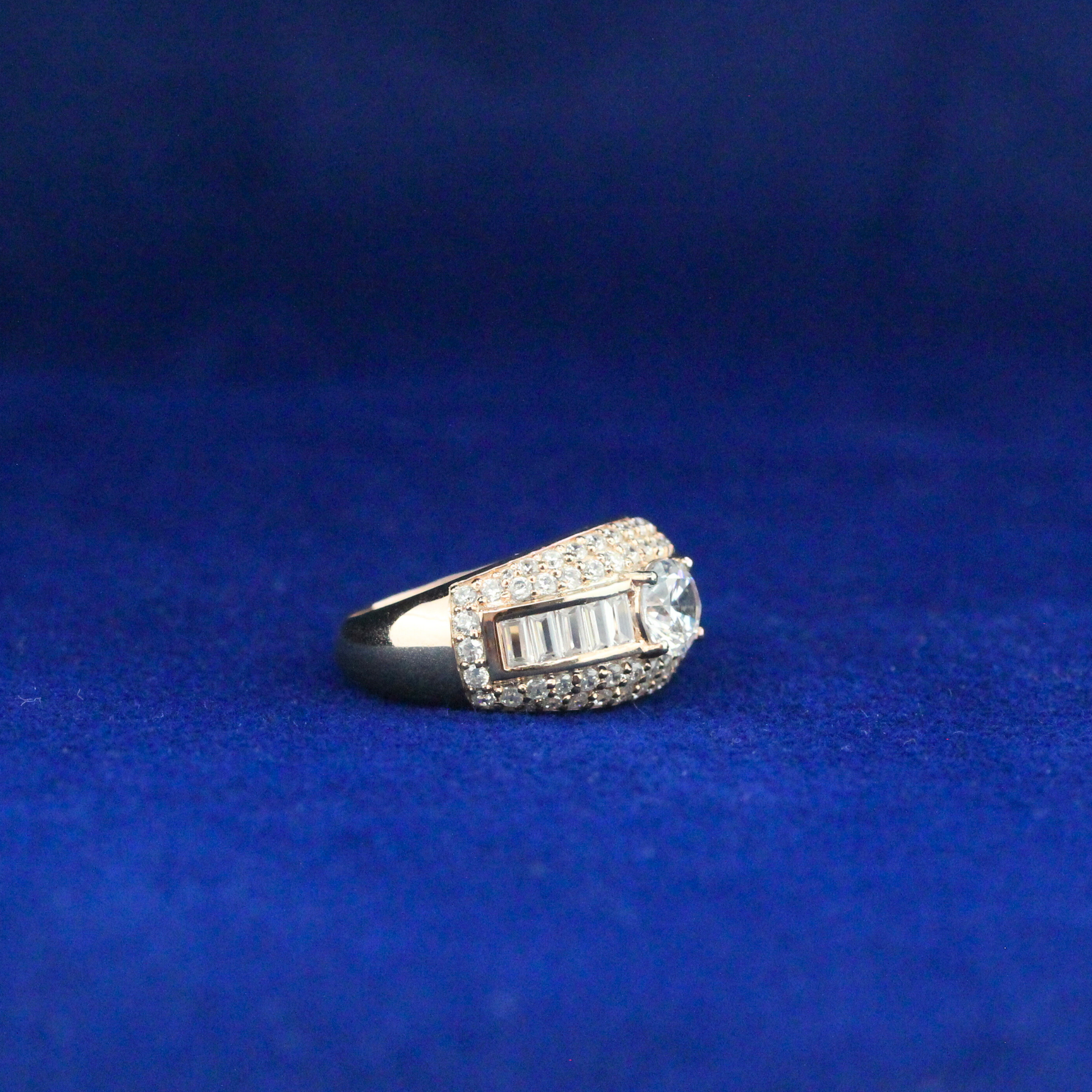 Right angle of luxurious moissanite cocktail ring set in 925 sterling silver, bold fine jewelry design.