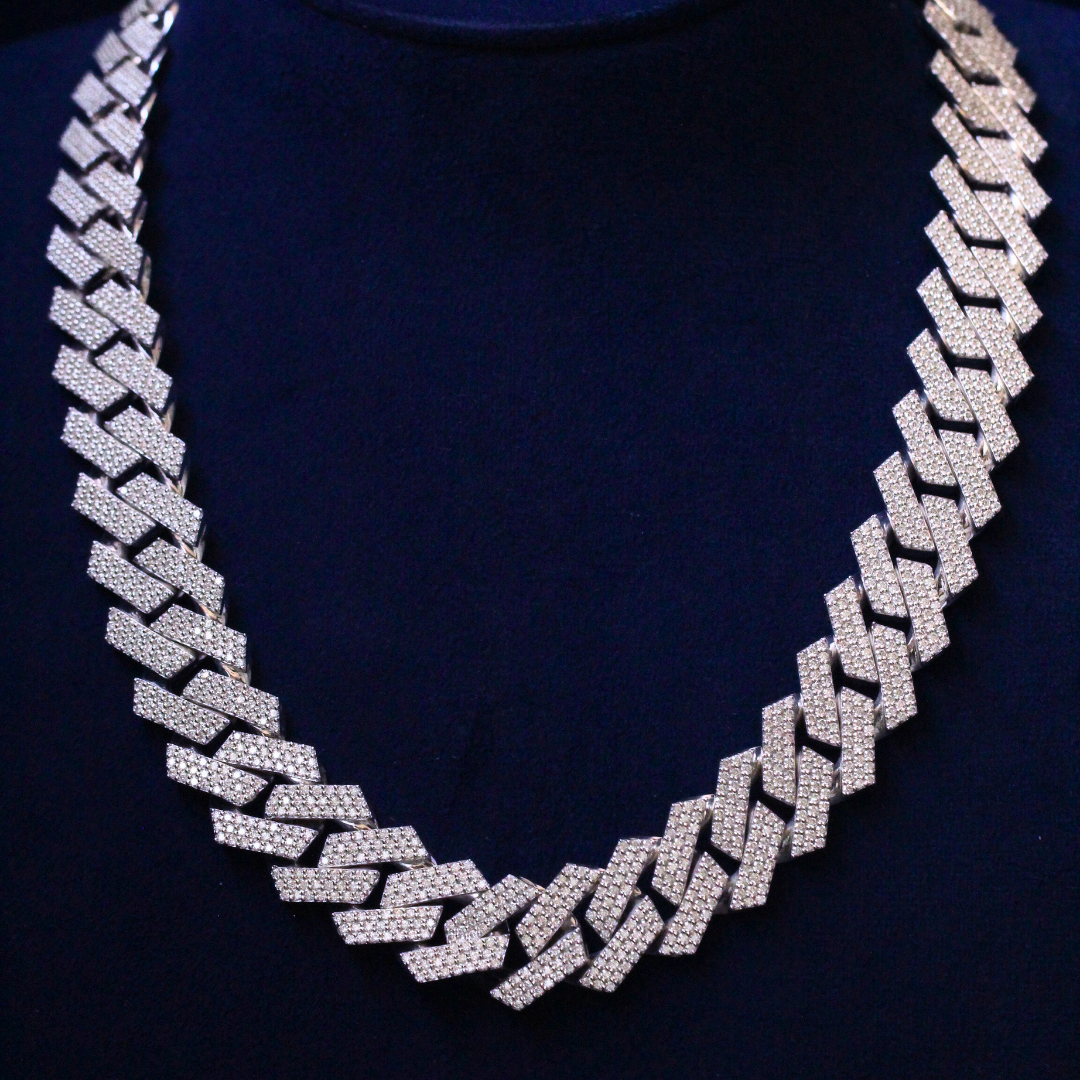 Front view of bold Cuban link chain crafted in 925 silver with moissanite diamonds, premium fine jewelry.