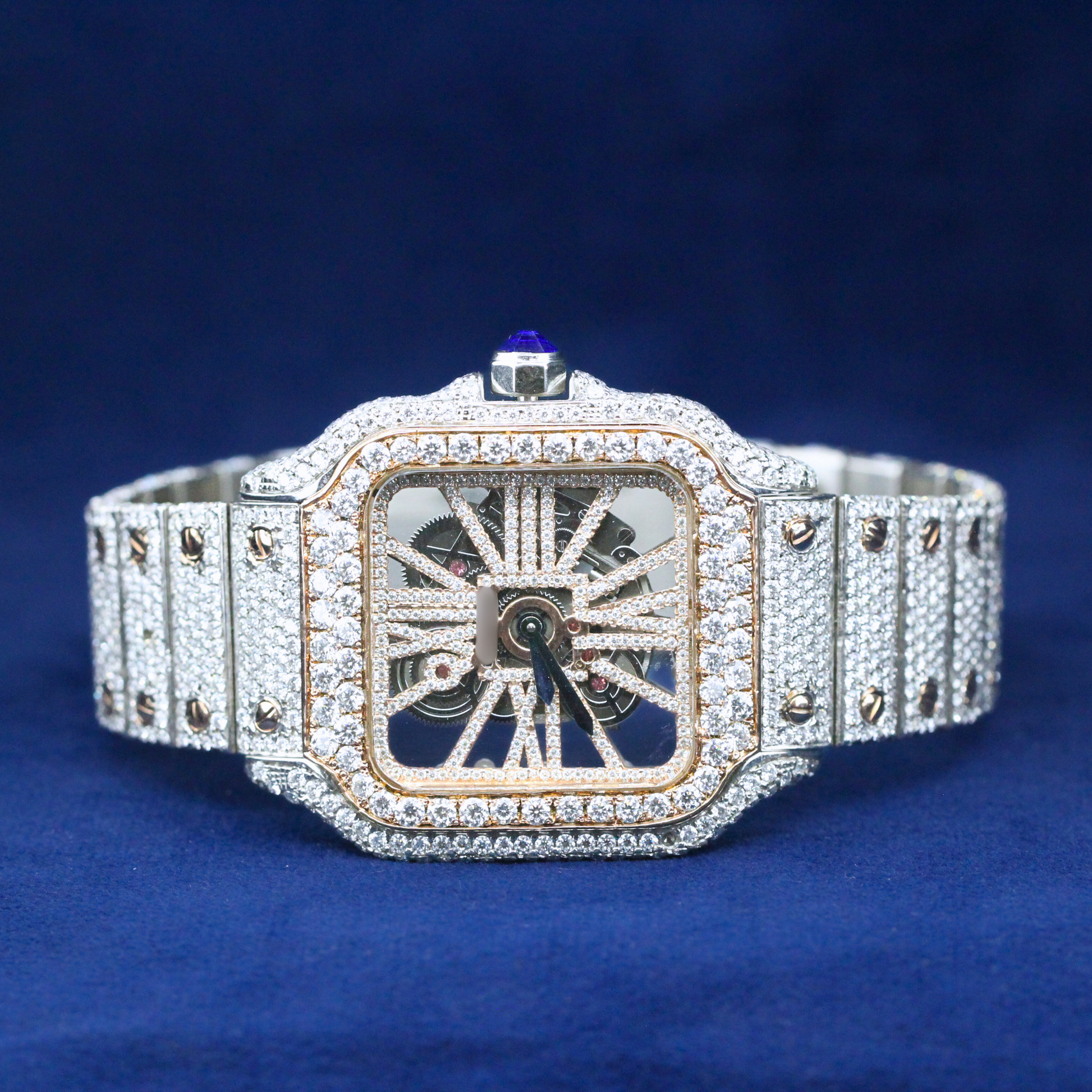 Arabic Dial Diamond Watch in 925 silver, featuring a fully iced-out Moissanite diamond bezel and an Arabic numeral dial, perfect for luxury hip-hop watch collectors.