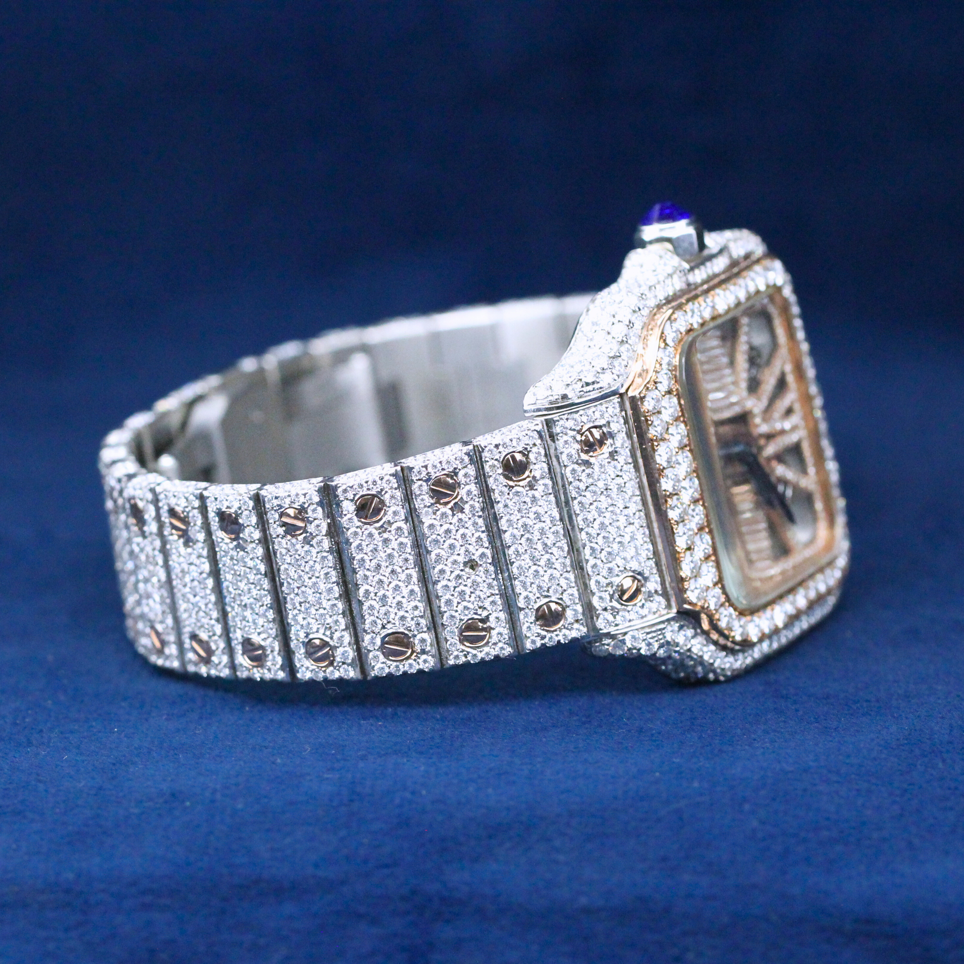 Left-side view of Arabic Dial Diamond Watch in 925 silver, highlighting its sleek design and fully iced-out Moissanite diamond detailing.