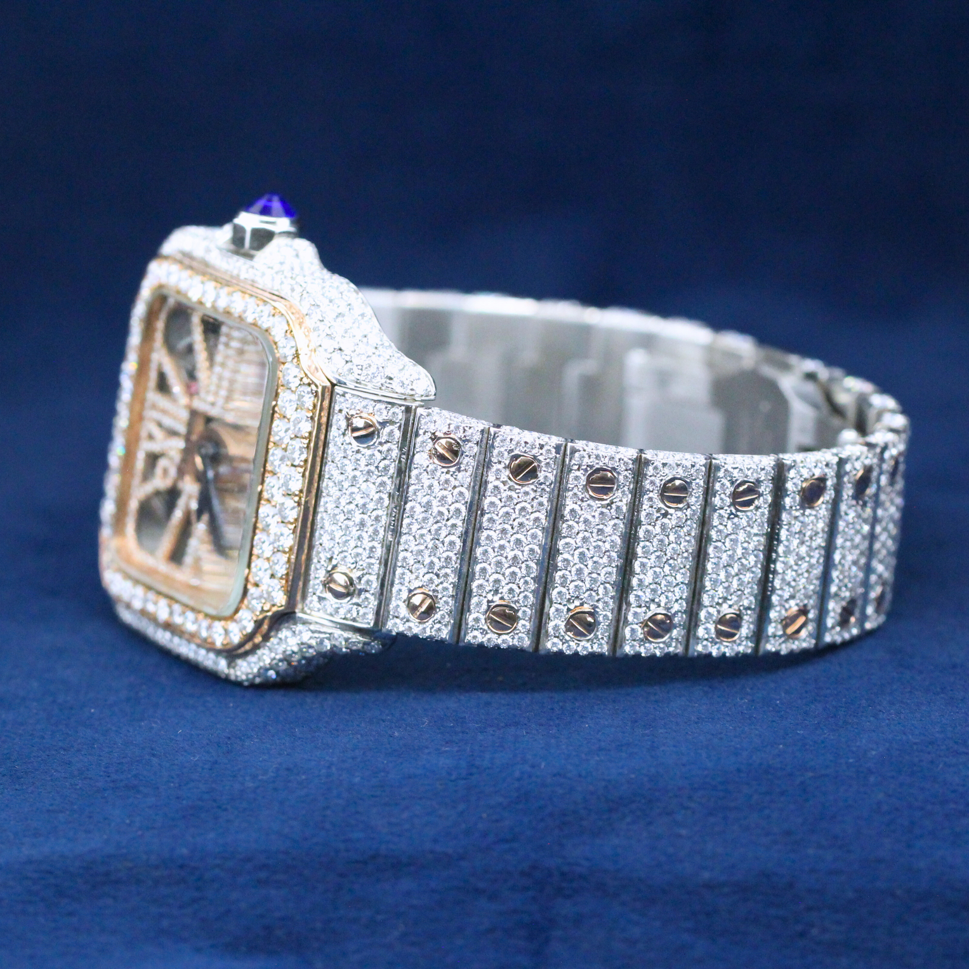 Right-side view of Arabic Dial Diamond Watch in 925 silver, showcasing a premium Moissanite diamond-encrusted case for a high-end hip-hop jewelry statement.