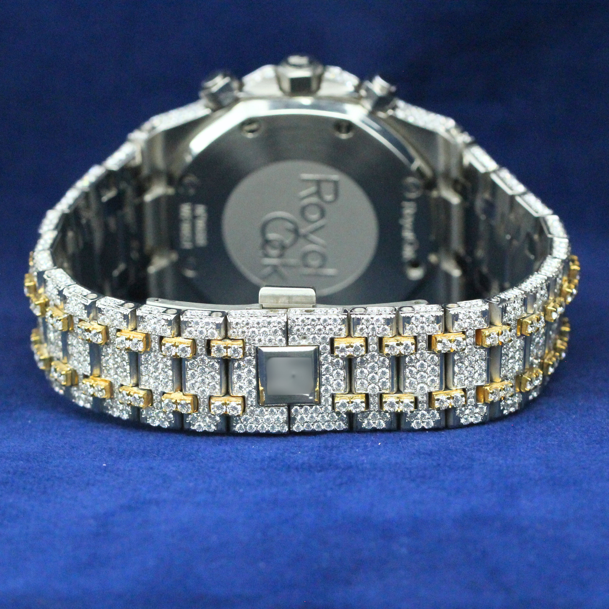 Back view of Black Dial Iced Chronograph Watch in 925 silver, highlighting expert craftsmanship and polished finishing, perfect for high-end hip-hop jewelry lovers