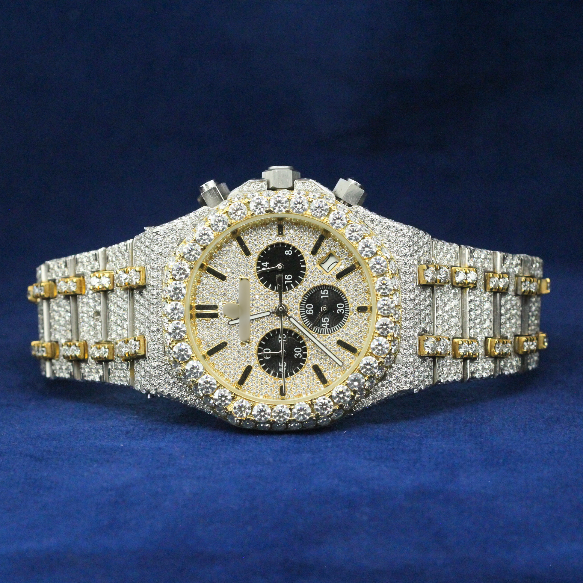 Black Dial Iced Chronograph Watch in 925 silver, featuring a fully iced-out Moissanite diamond bezel with a sleek black chronograph dial, designed for luxury hip-hop watch enthusiasts.
