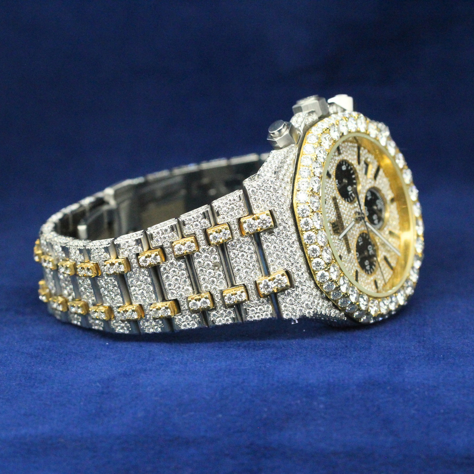 Right-side view of Black Dial Iced Chronograph Watch in 925 silver, showcasing an elegant Moissanite diamond-encrusted case and bold hip-hop jewelry aesthetics.