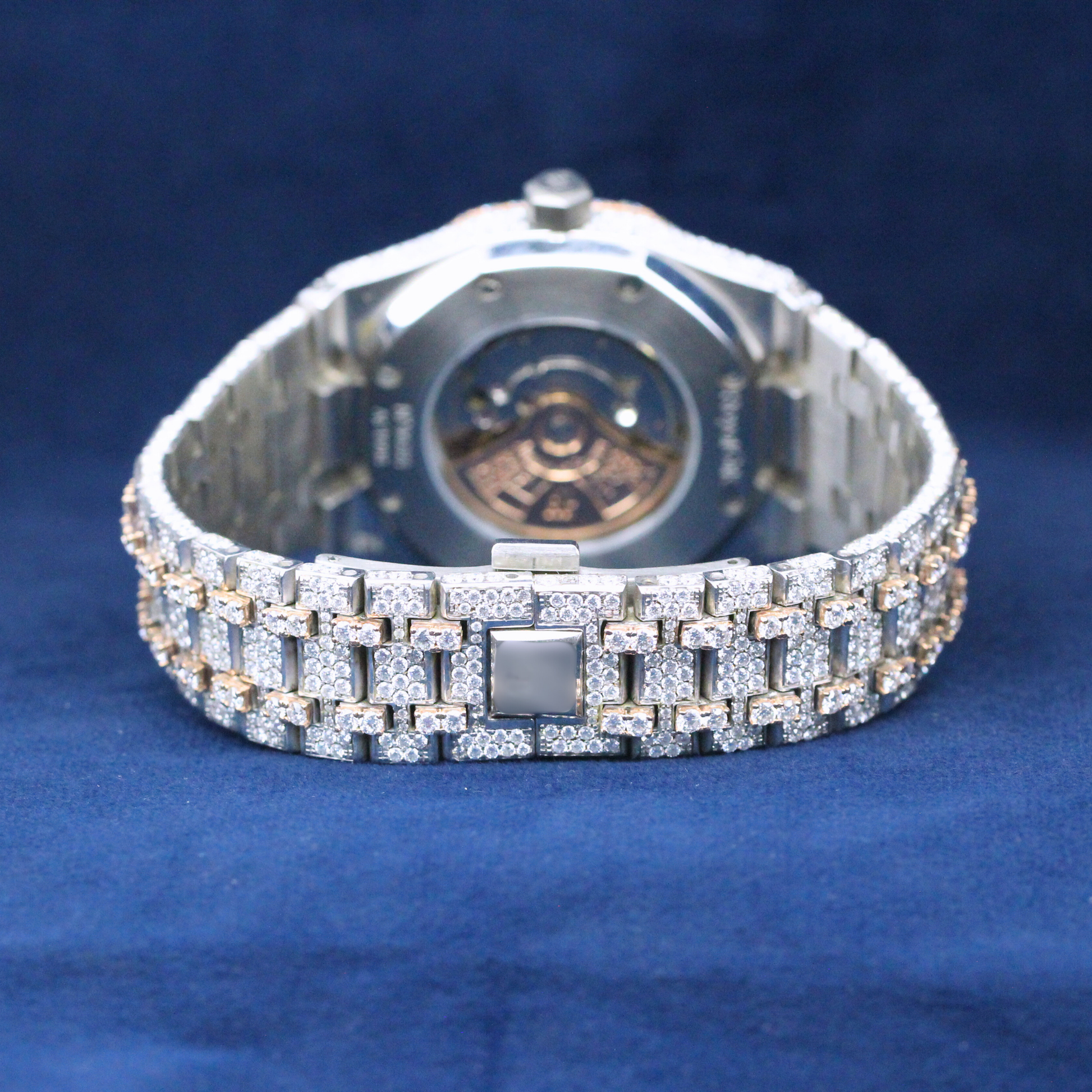 Back view of Diamond Royal Watch in 925 silver, showcasing expert craftsmanship and a polished finish for high-end custom hip-hop watch lovers.