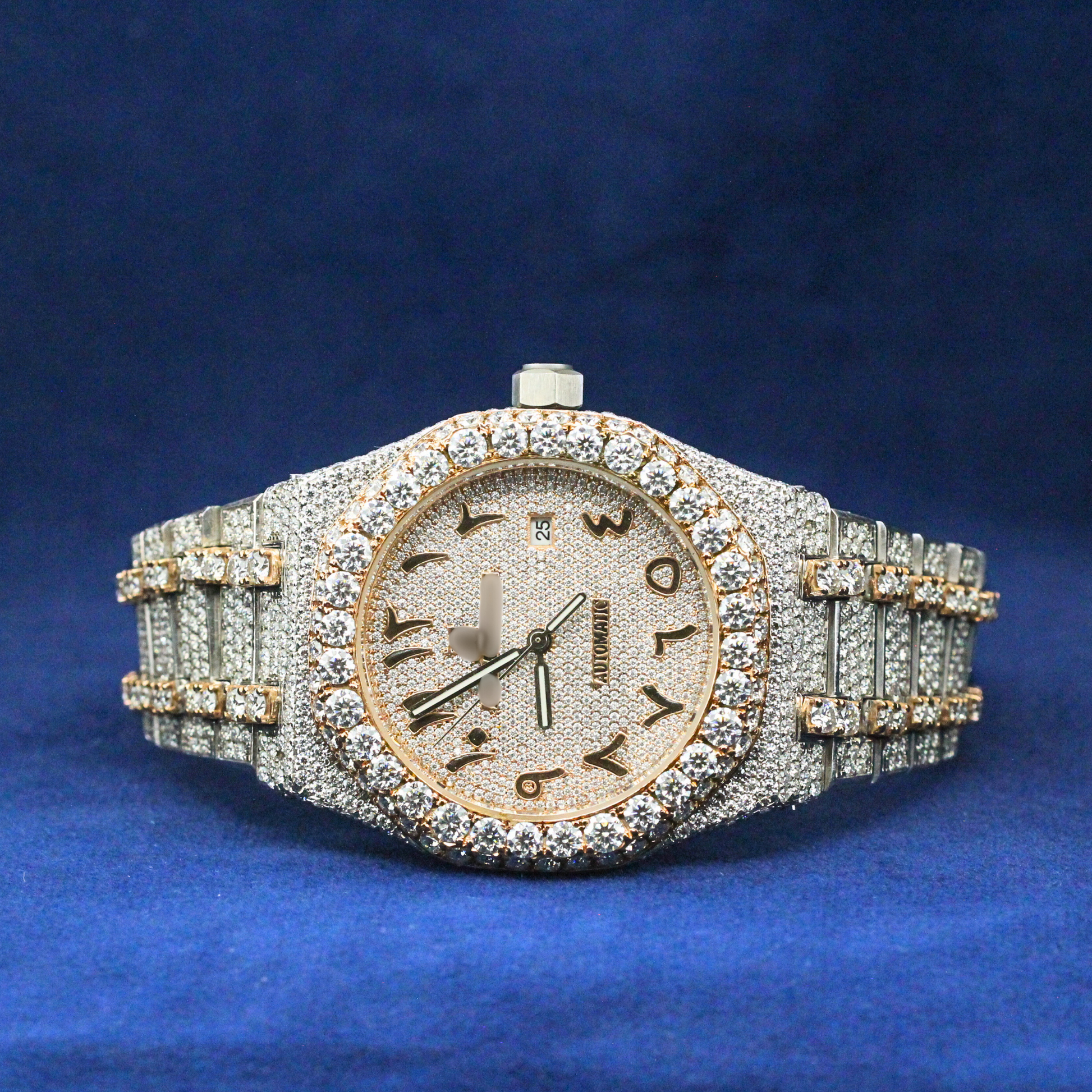 Diamond Royal Watch in 925 silver, featuring a fully iced-out Moissanite diamond bezel and a luxury dial, designed for high-end hip-hop watch enthusiasts.