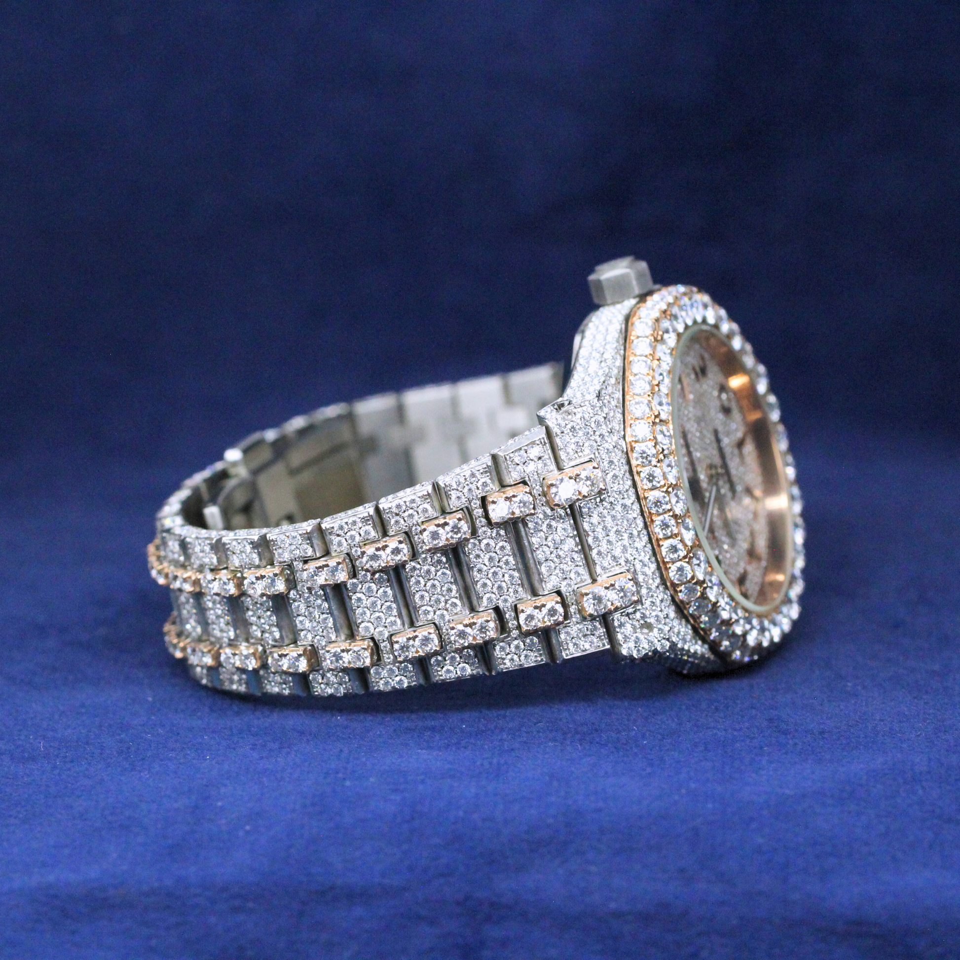 Left-side view of Diamond Royal Watch in 925 silver, featuring an elegant fully iced-out Moissanite diamond design for a premium hip-hop jewelry look.