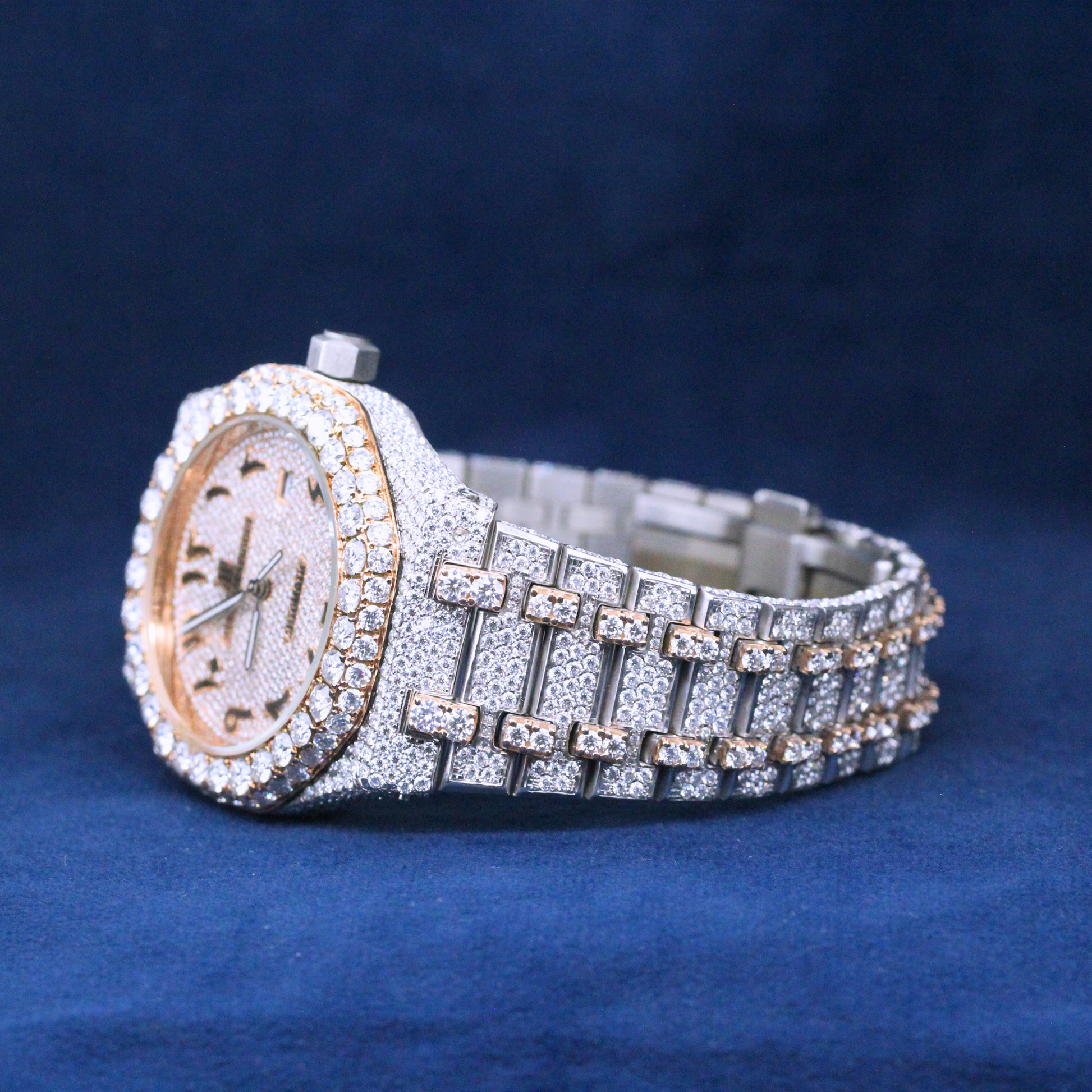 Right-side view of Diamond Royal Watch in 925 silver, showcasing a bold Moissanite diamond setting with a luxurious hip-hop jewelry aesthetic.