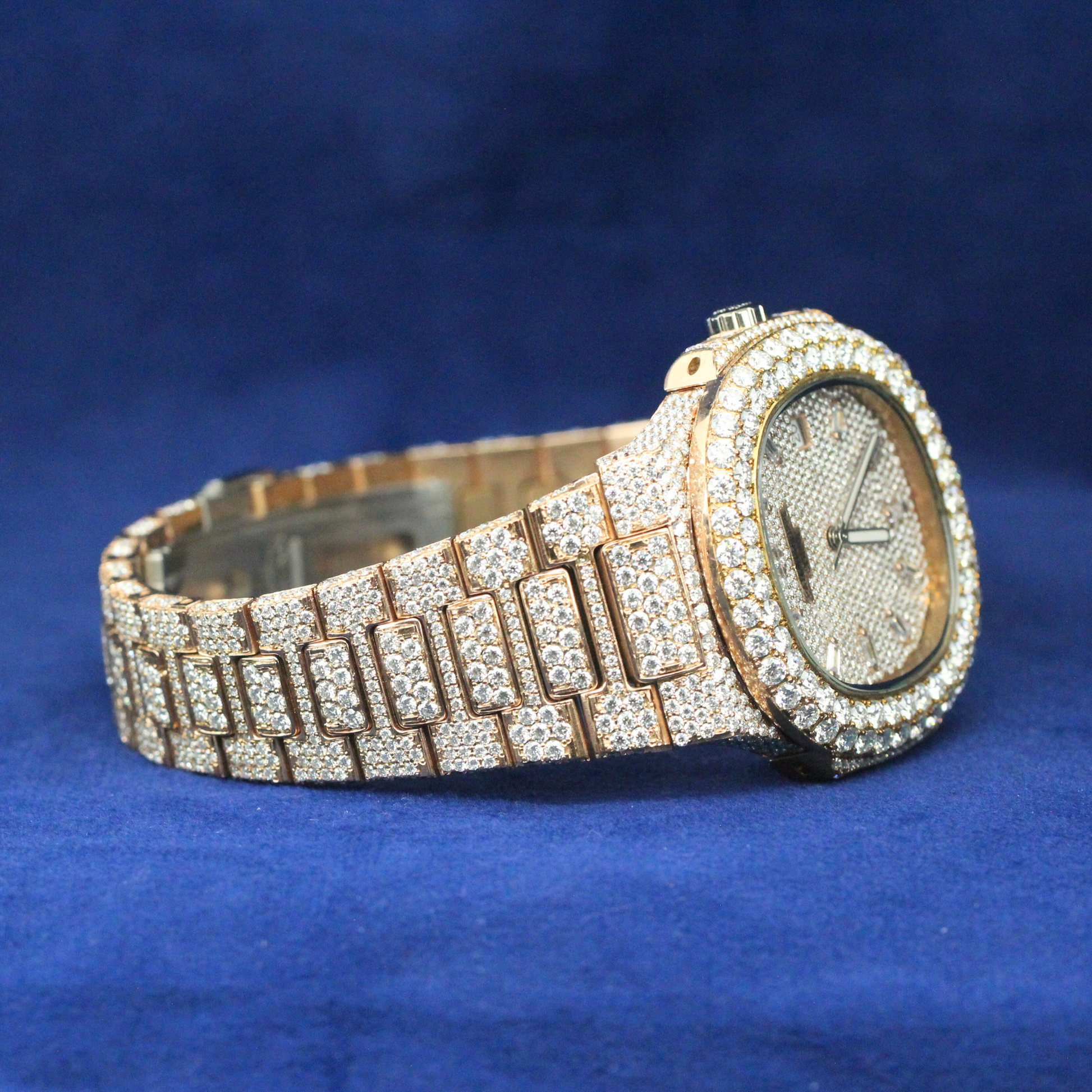 Left-side view of Royal Ice Watch in 925 silver, featuring an elegant fully iced-out Moissanite diamond design for a premium hip-hop jewelry look.