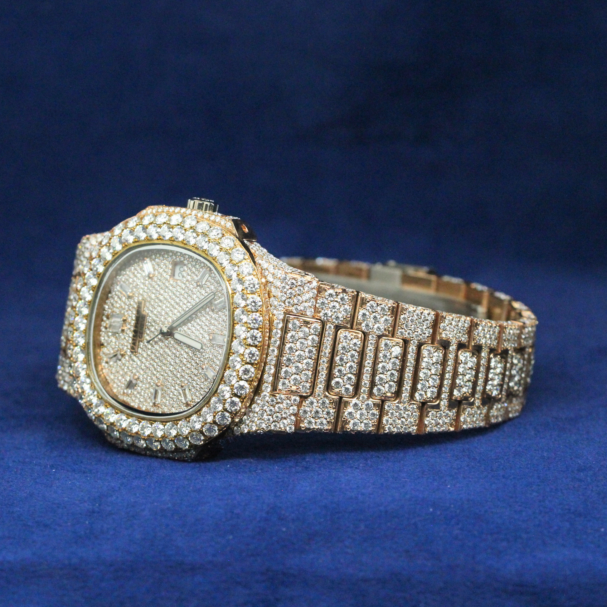 Right-side view of Royal Ice Watch in 925 silver, showcasing a bold Moissanite diamond-encrusted case with a premium hip-hop jewelry aesthetic.