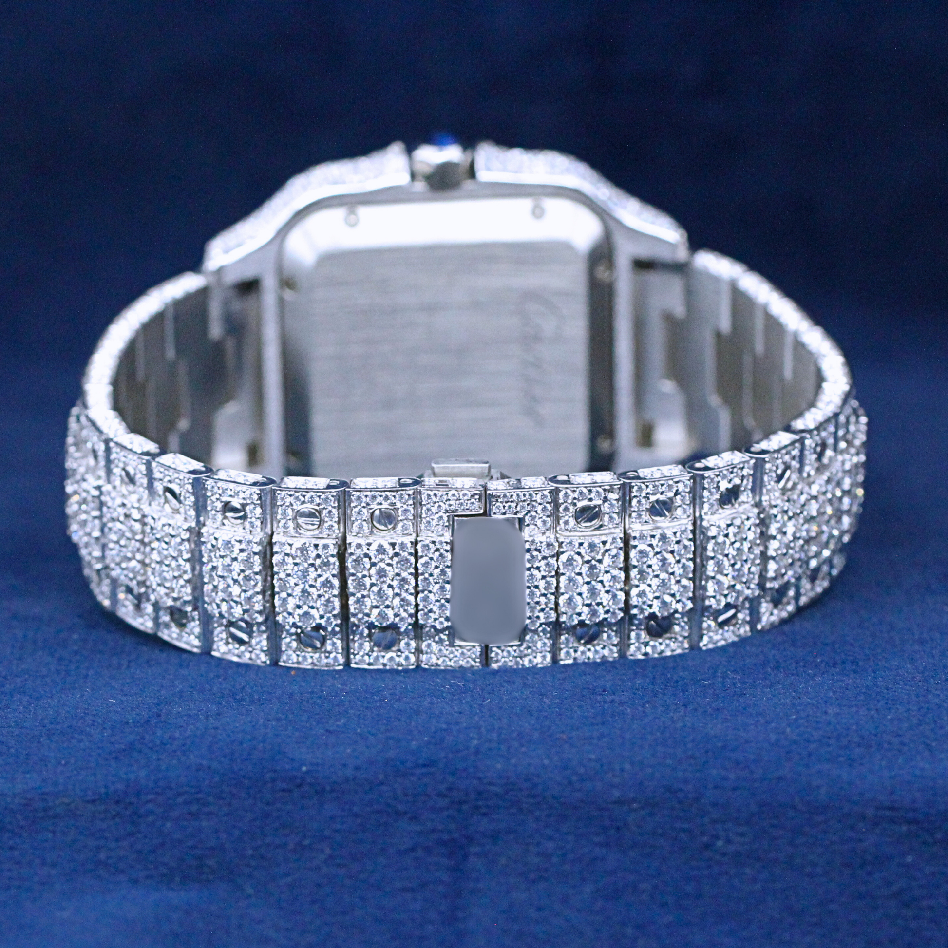 A right-side view of a custom iced-out hip-hop watch in 925 sterling silver, showcasing its Moissanite diamond-studded bezel and sleek modern design.