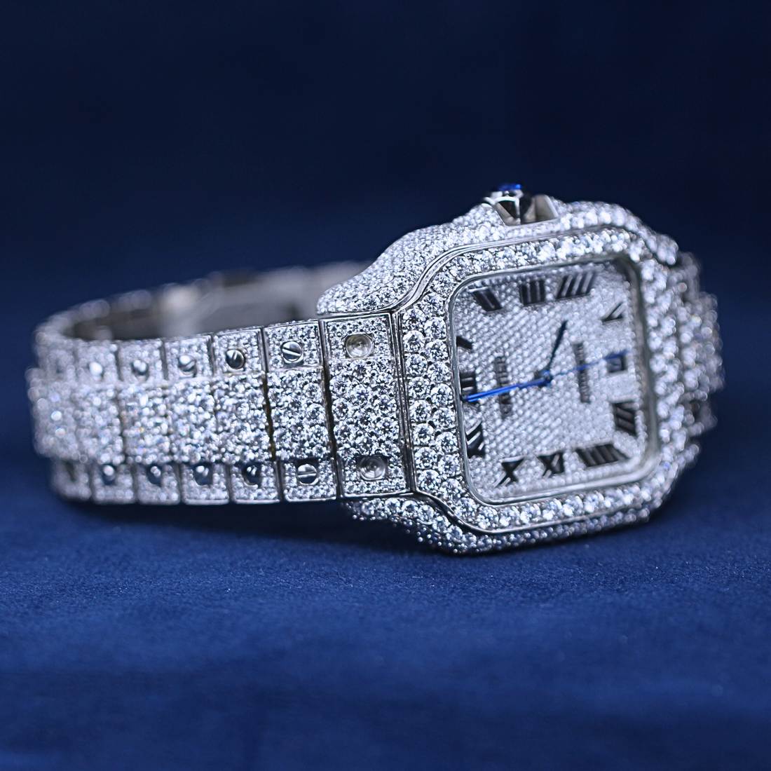 A luxury custom iced-out hip-hop watch in 925 sterling silver, featuring a square face fully encrusted with Moissanite diamonds for a bold and stylish look.