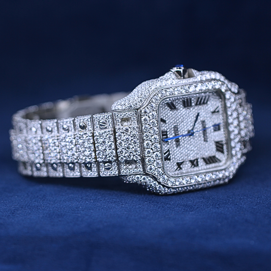 A left-side view of a custom iced-out hip-hop watch in 925 sterling silver, featuring an iced-out band with brilliant Moissanite diamonds for maximum shine.