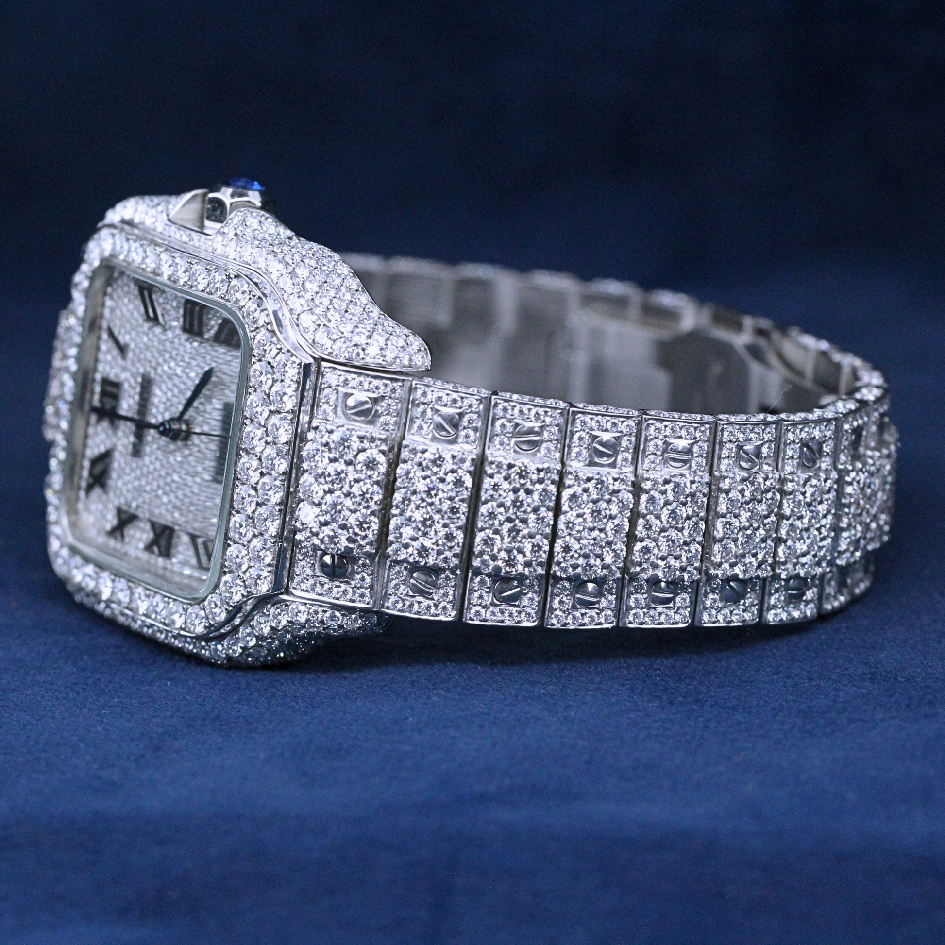 A right-side view of a custom iced-out hip-hop watch in 925 sterling silver, showcasing its Moissanite diamond-studded bezel and sleek modern design.