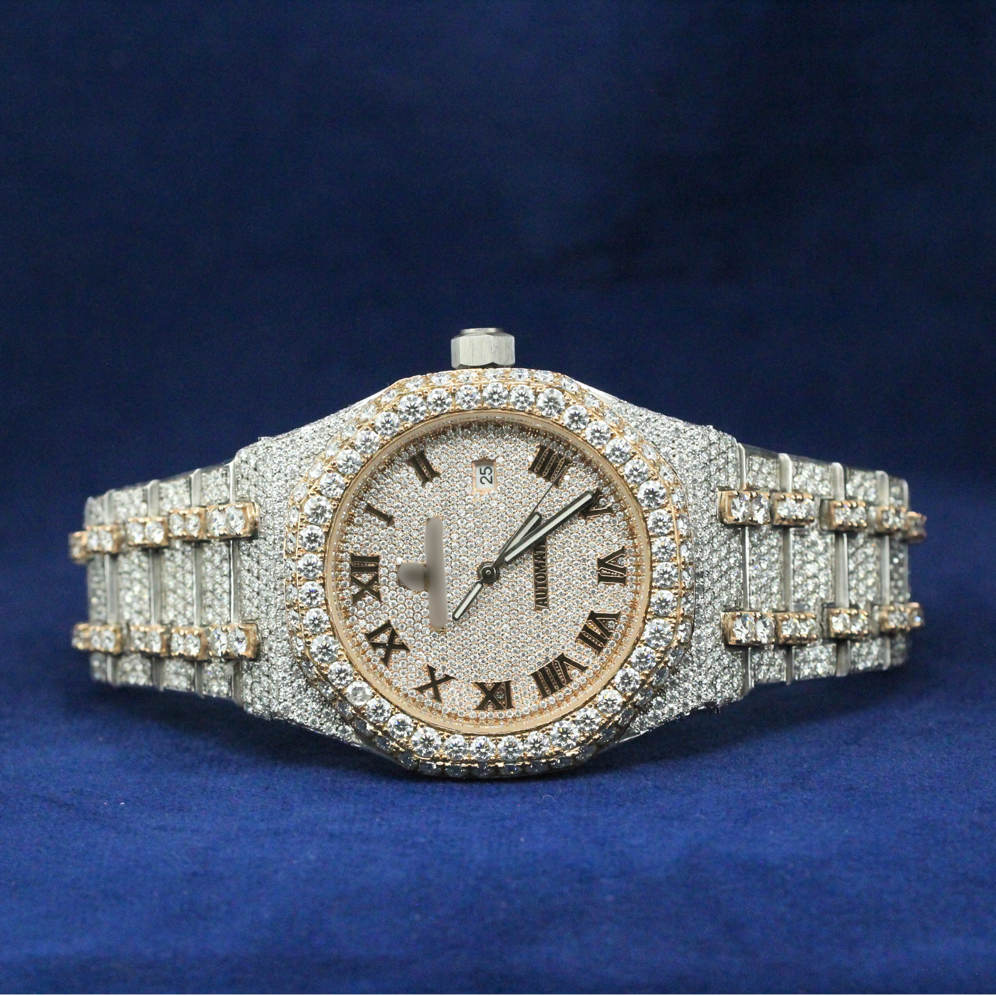Timeless Watch in 925 silver, featuring a fully iced-out Moissanite diamond bezel and sleek luxury dial, crafted for high-end hip-hop watch collectors