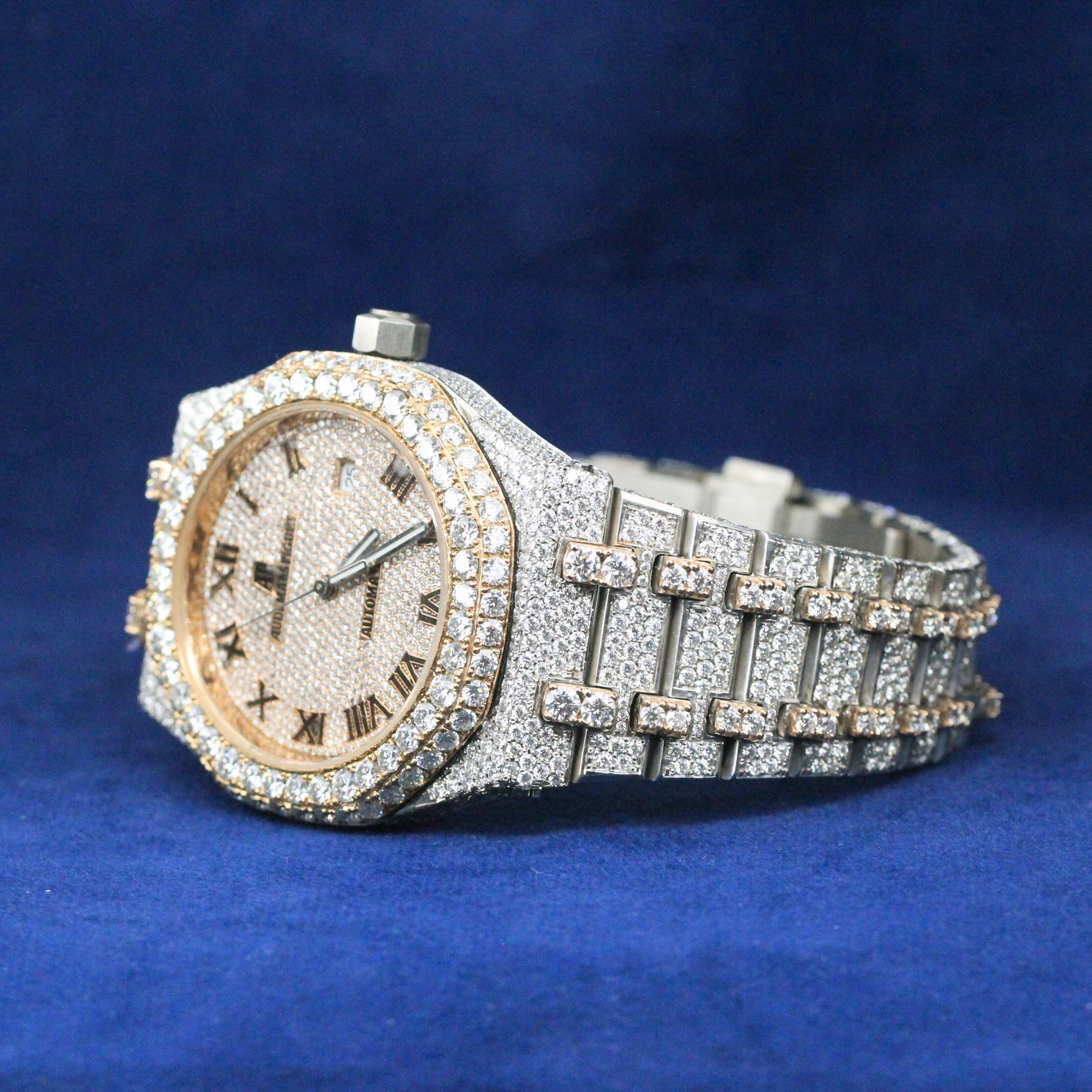 Left-side view of Timeless Watch in 925 silver, highlighting a fully iced-out Moissanite diamond design for an ultimate luxury hip-hop look.