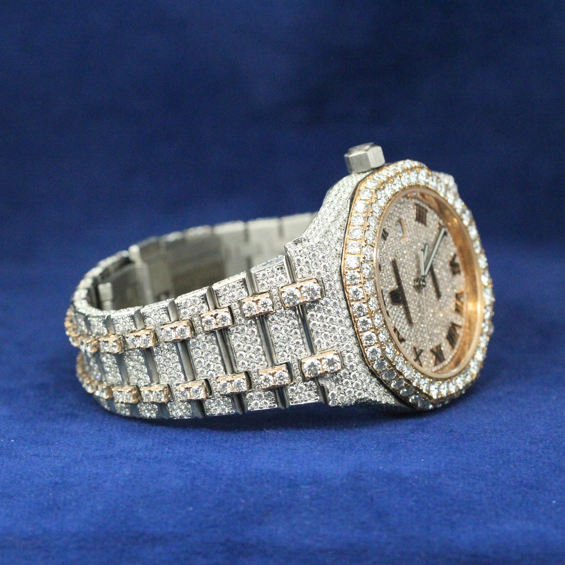 Right-side view of Timeless Watch in 925 silver, showcasing a bold Moissanite diamond-encrusted case with a premium hip-hop jewelry aesthetic.