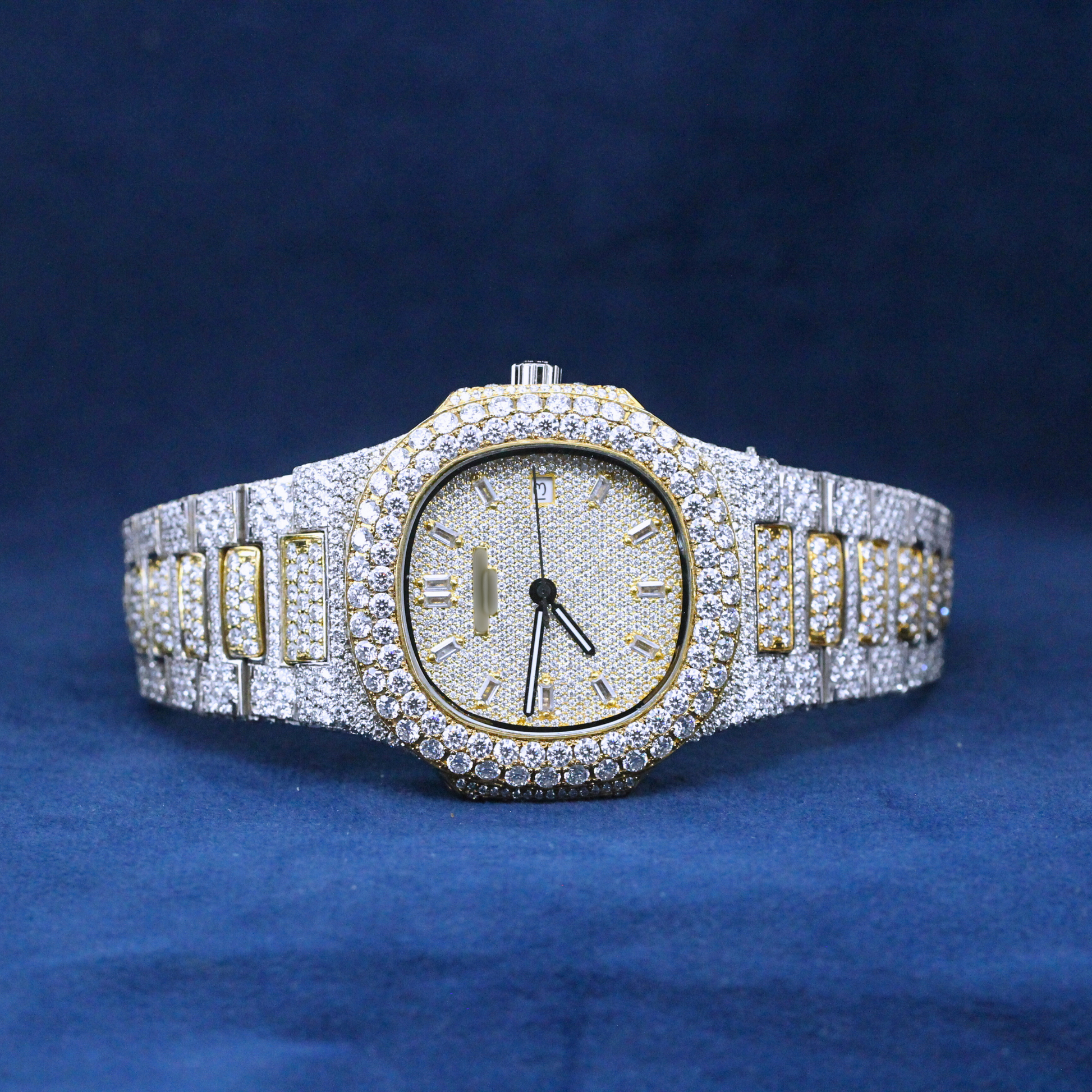 A luxury custom iced-out hip-hop watch with a two-tone gold and silver finish, fully encrusted with brilliant Moissanite diamonds for a bold and stylish statement.