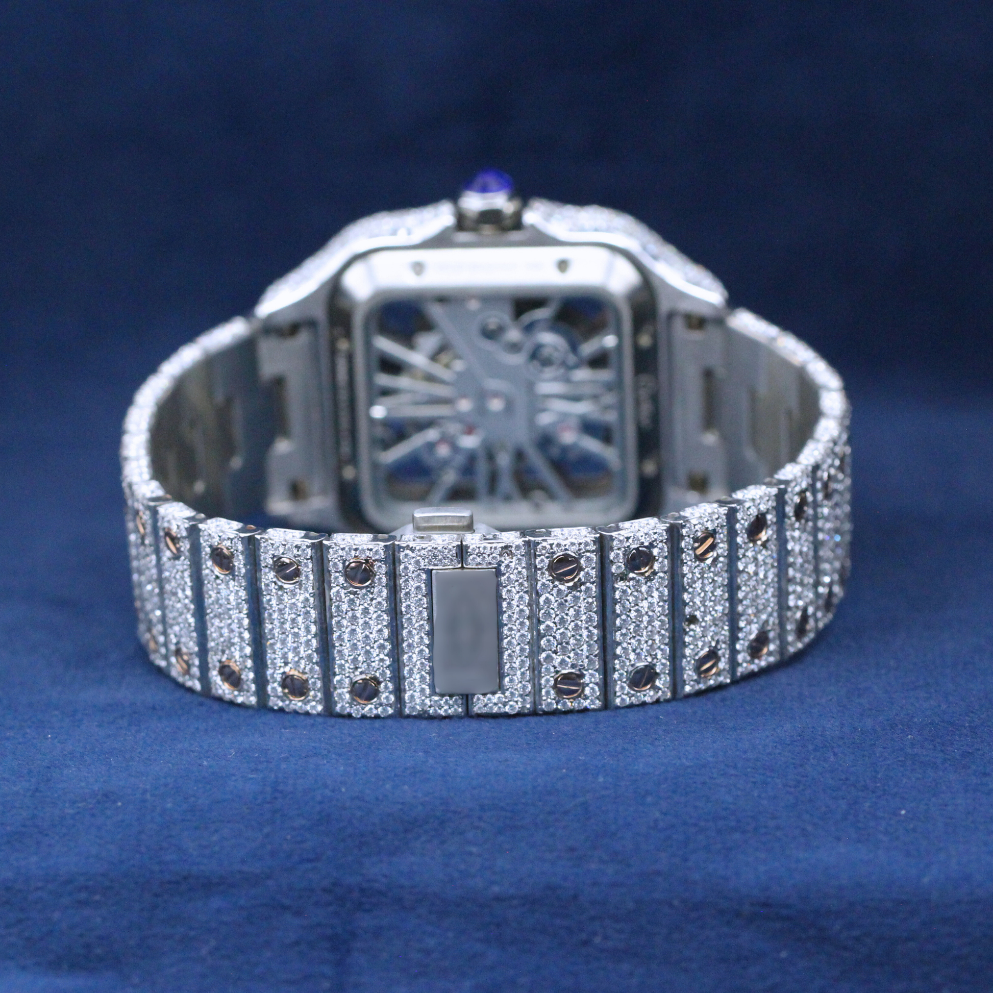 A back-side view of a custom iced-out hip-hop watch, highlighting the polished square case and premium craftsmanship.