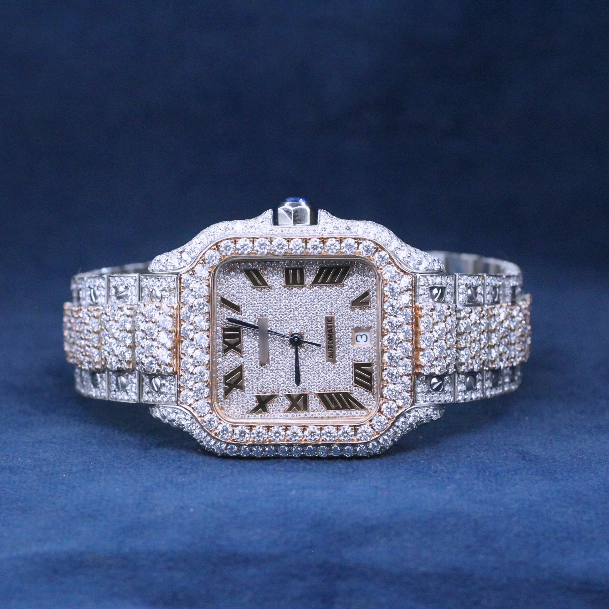 A luxury custom iced-out hip-hop watch with a square face, fully encrusted with Moissanite diamonds for the ultimate bling effect.