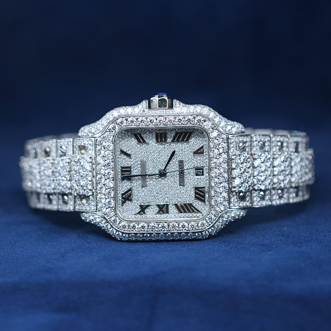 A luxury custom iced-out hip-hop watch in 925 sterling silver, featuring a square face fully encrusted with Moissanite diamonds for a bold and stylish look.
