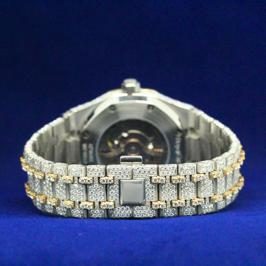 Back view of Diamond-Flooded Royal Oak watch showing 925 silver case, precision clasp, and luxury finish.