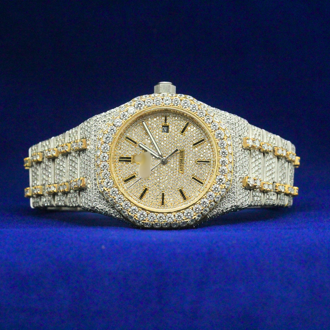 Front view of Diamond-Flooded Royal Oak watch fully encrusted with moissanite diamonds in a luxury hip hop style.