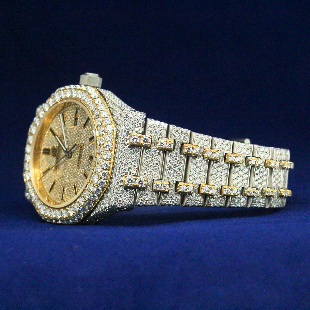 Left side view showcasing the moissanite-encrusted design and premium craftsmanship of the Royal Oak watch.