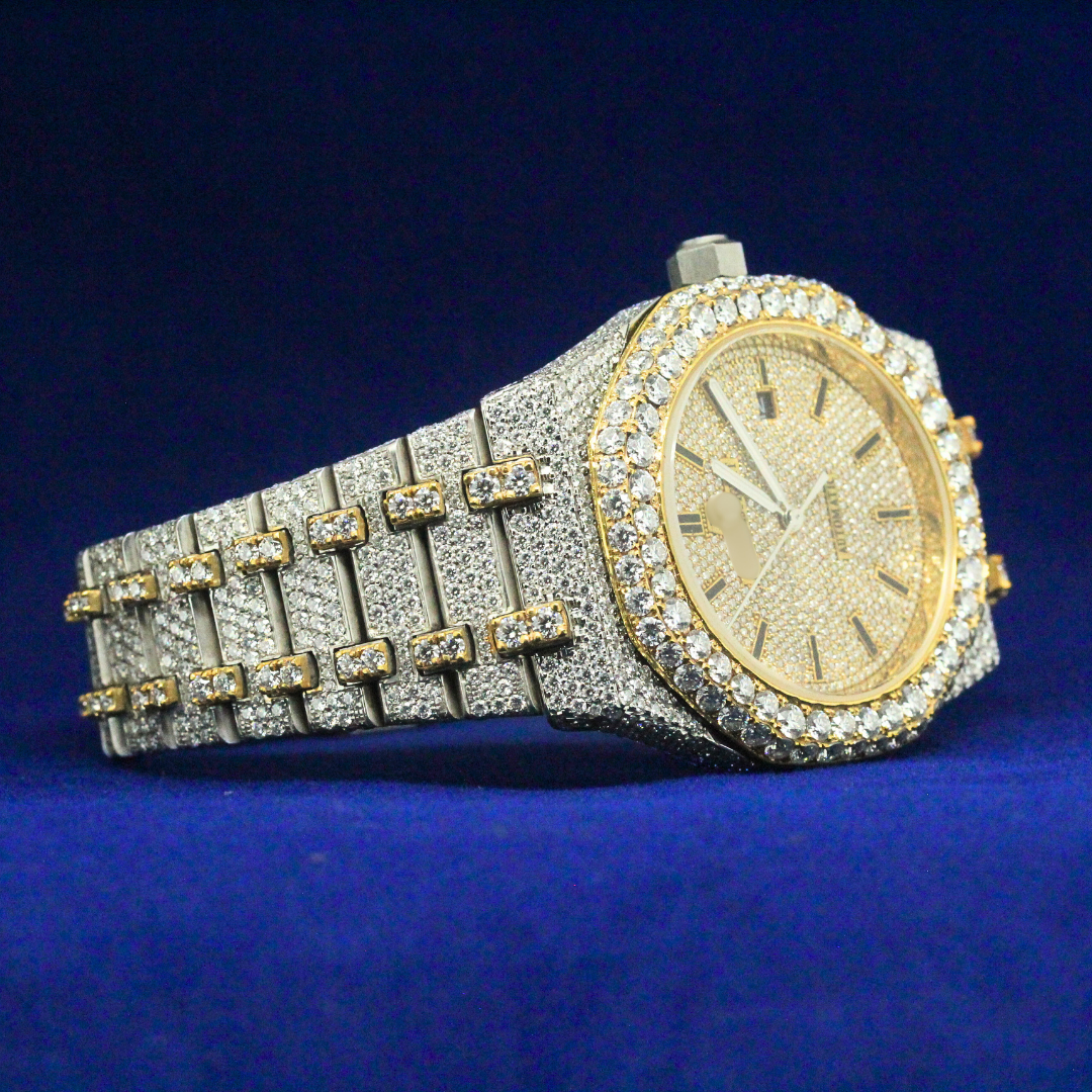 Right angle view of iced-out Diamond-Flooded Royal Oak watch featuring moissanite diamonds on the case and bracelet.